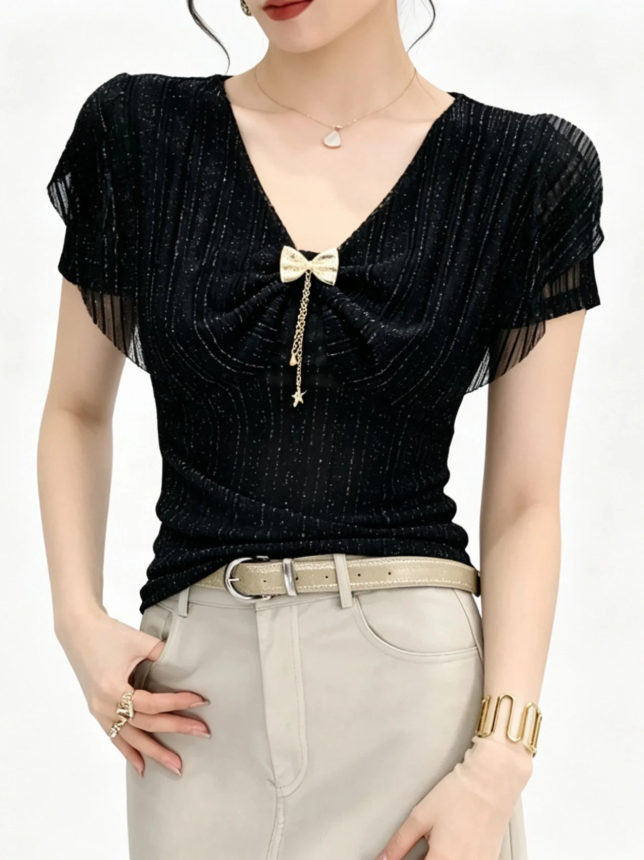 Summer Women's V-Neck Mesh T-Shirt Short Sleeve  Knot Lace Trim Slimming Fashionable Top Korean Style Bell Sleeve