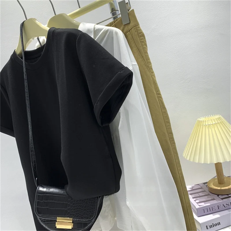 T-shirt ort Sve con risvolto a strati d'aria extra large da 300 Pou T-shirt da donna blu peaco estiva tinta unita semplice taglie forti