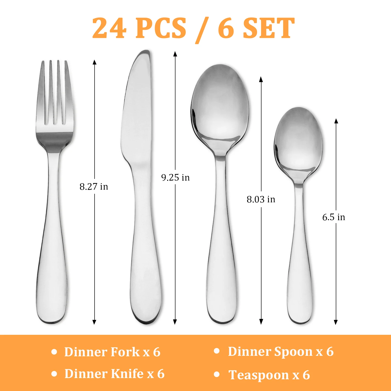 KOOMADE 24Pcs Stainless Steel Flatware Set Service for 6 Mirror Polished Silverware Utensils Set Durable 18/0 Steel Dishwasher Safe Cutlery Kit Includes Dinner Fork Knife Spoon Teaspoon For Daily Dinner Party Camping