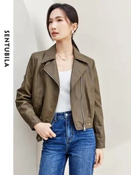 SENTUBILA Cropped Pu Leather Bomber Jacket Women 2024 Autumn Winter Vintage Lapel Zip Up Faux Leather Jacket Motorcycle Coats