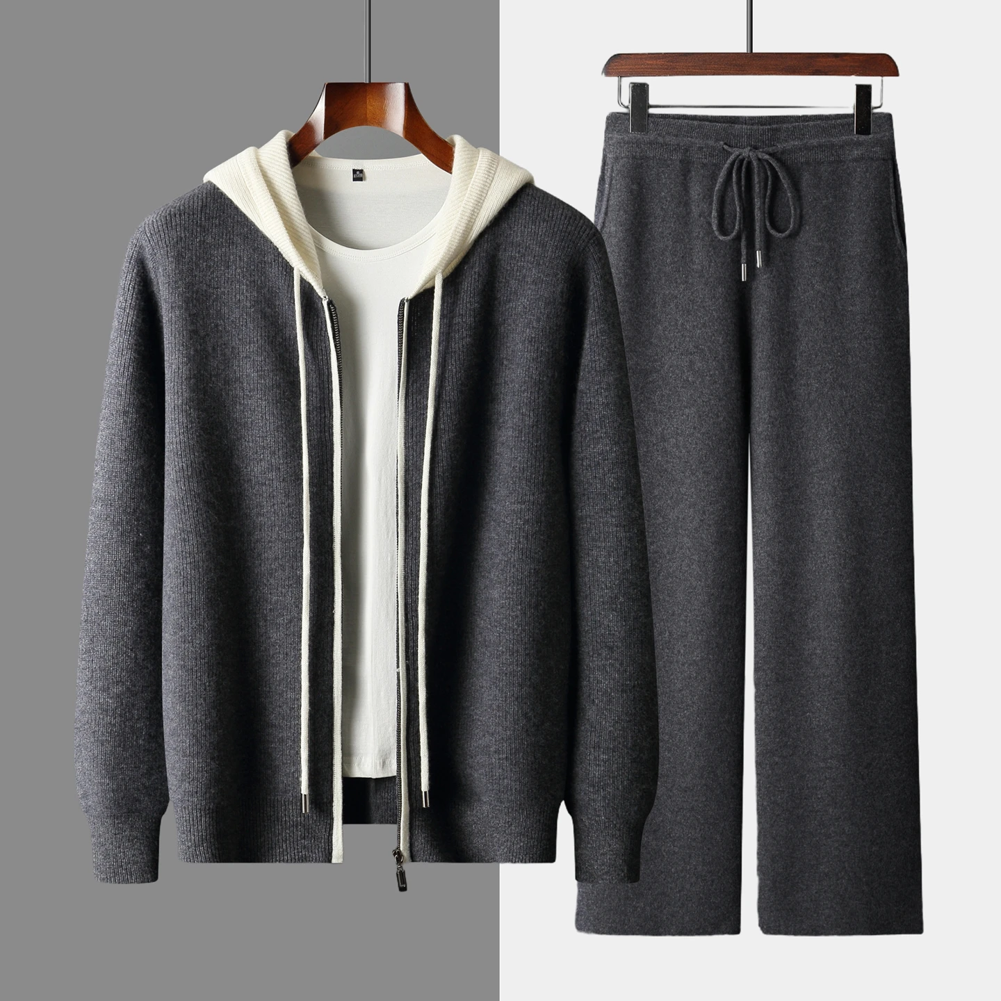 Knitted Cardigan Men - Farbblock-Pullover aus 100% Kaschmir, Herren-Kapuzenjacke, Hosen-Set,