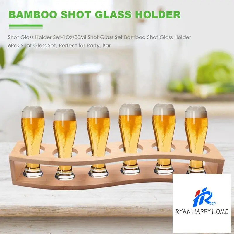 

8X Shot Glass Holder Set-1Oz/30Ml Shot Glass Set Bamboo Shot Glass Holder, 6Pcs Shot Glass Set, Perfect For Party, Bar