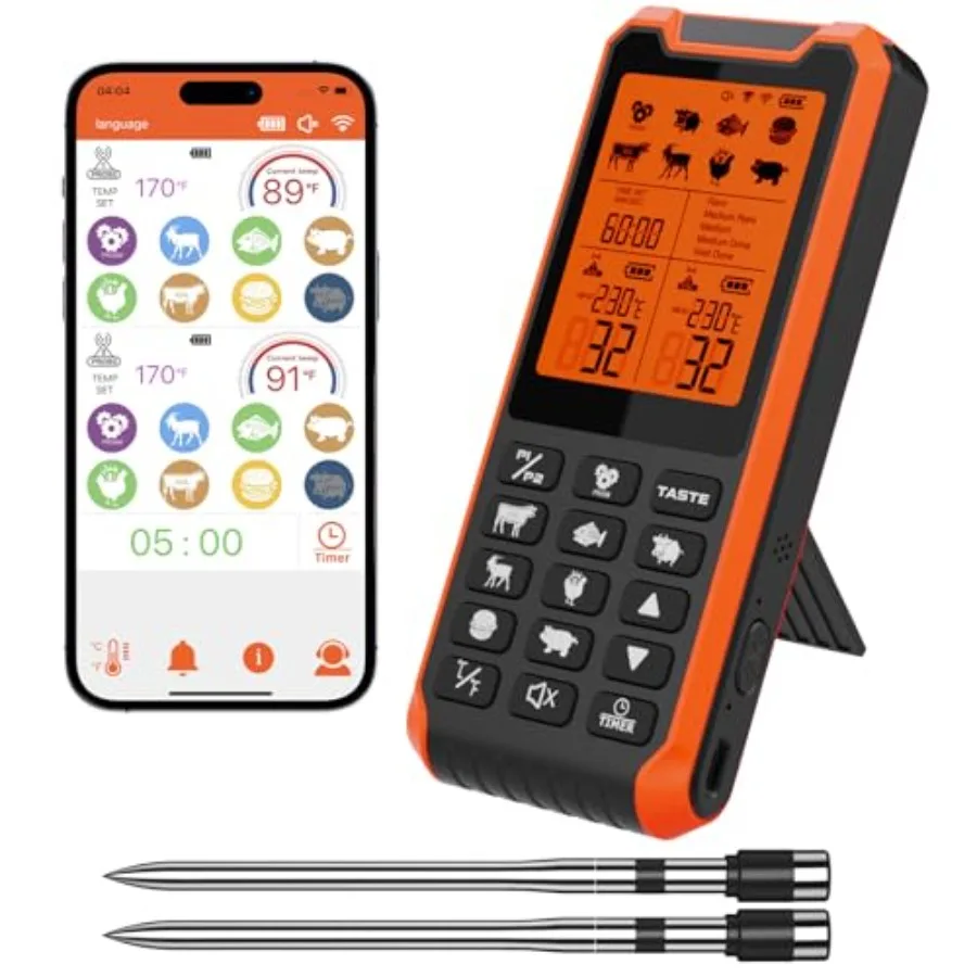 Termómetro inalámbrico para carne con alertas de temperatura y termómetro para parrilla con base digital de 800 pies ±0.5 ℉ Pantalla L Bklit para Horno de Barbacoa er Ki