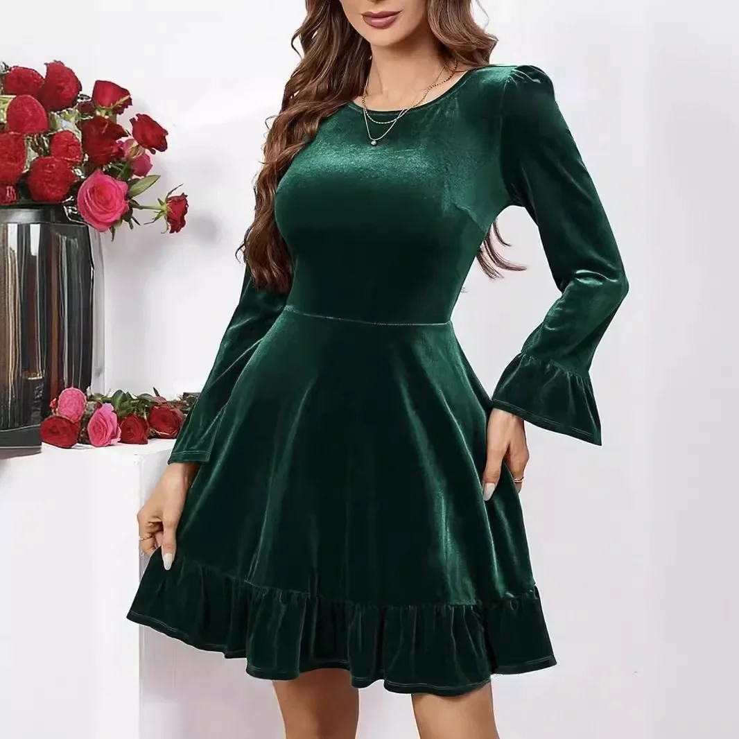 2024 Autumn winter A-line Ruffles Elegant Party Dresses Women Golden Velvet Dress Female solid mini Nightdress green vestidos