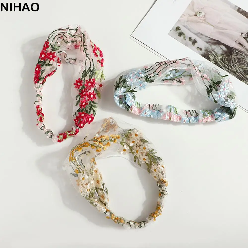 

Simple Turban Face Wash Hair Band Lace Floral Embroidery Wide-Brimmed Headband Female Women Retro Headdress Hair Accessories