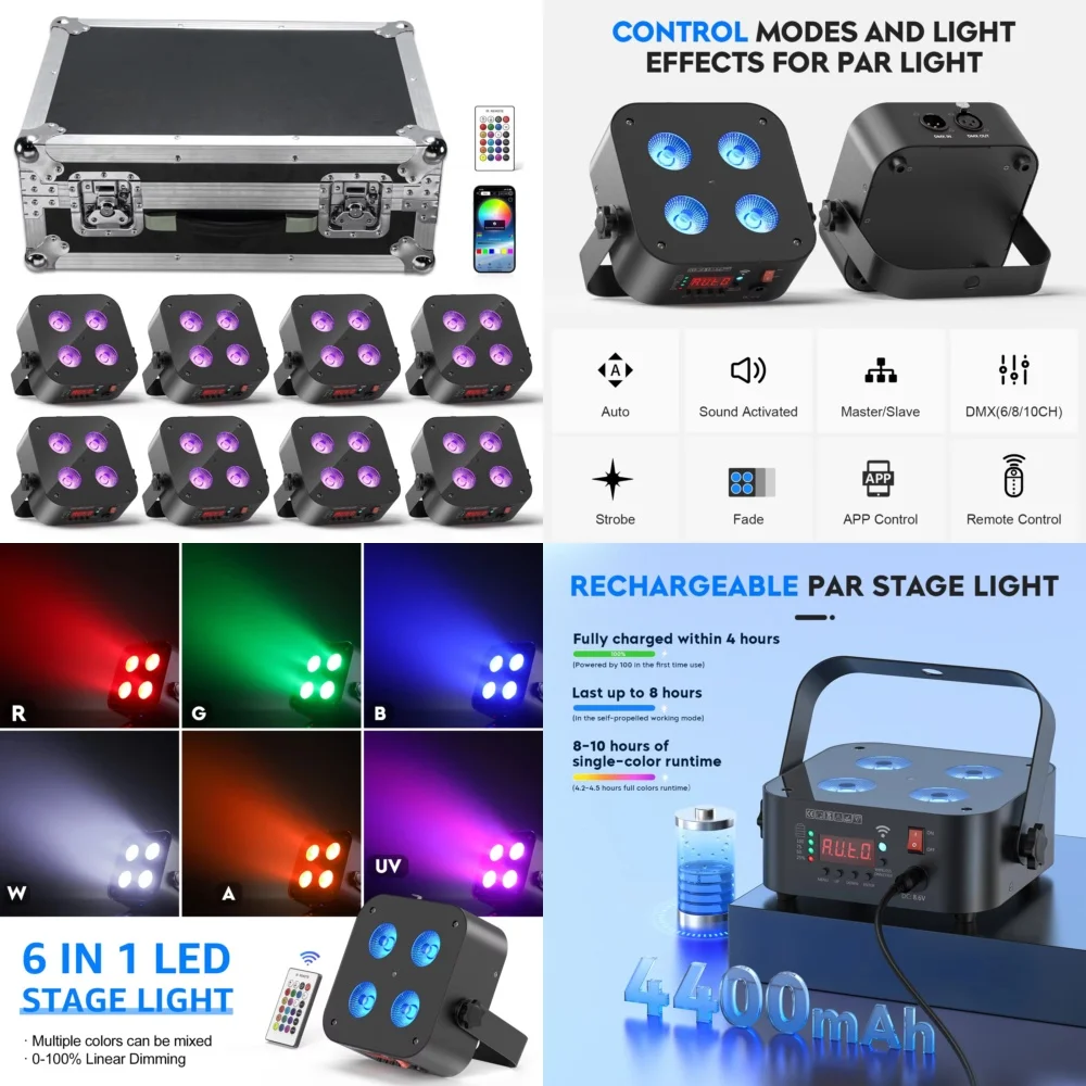 8pcs 72W LED 6IN1 RGBWA UV Battery Powered Rechargeable PAR Light with Flight Case for Wedding Church Stage Party DJ Events