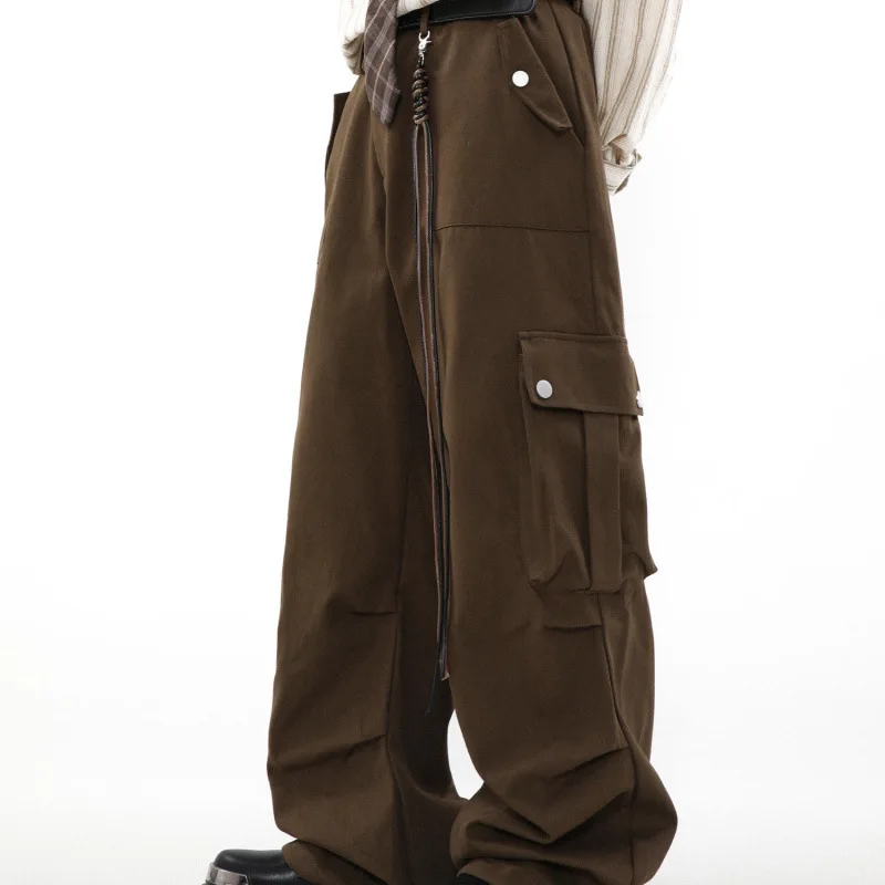American High Street Multi-Pocket Cargo Pants For Men, Trendy Loose Straight-Leg Wide-Leg Casual Trousers With Drape