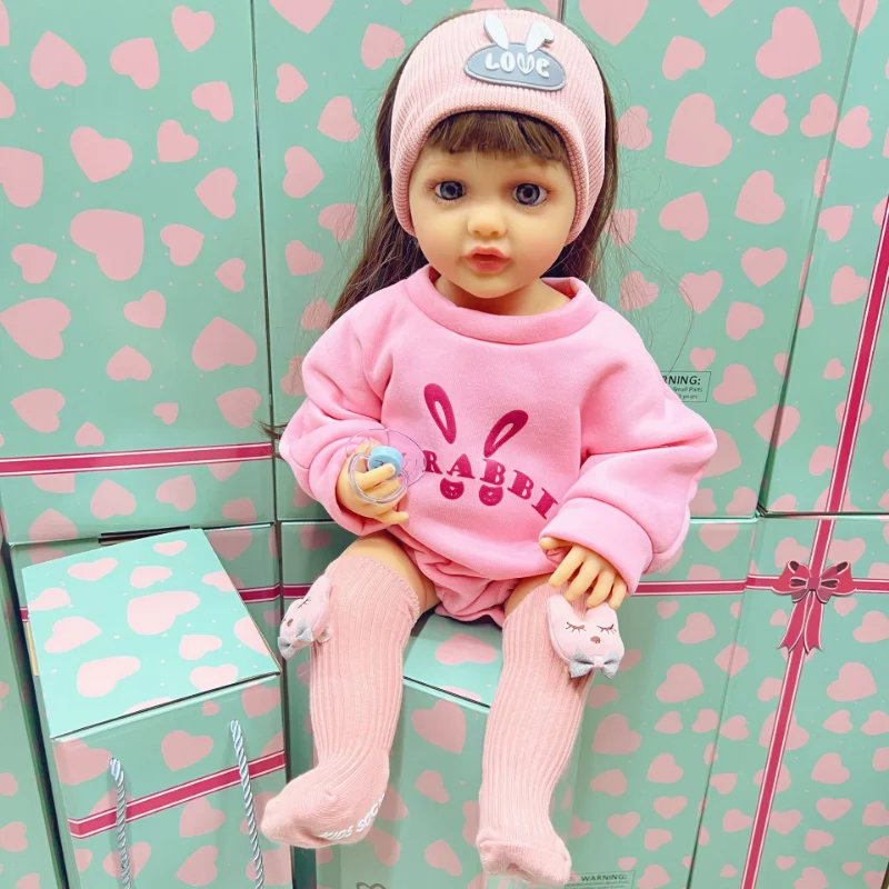 

55cm Enamel Reborn Doll Fashion Sweater with Long Hair Princess Cry Laugh When Sensing Voice Talk Accompanied Children Toys