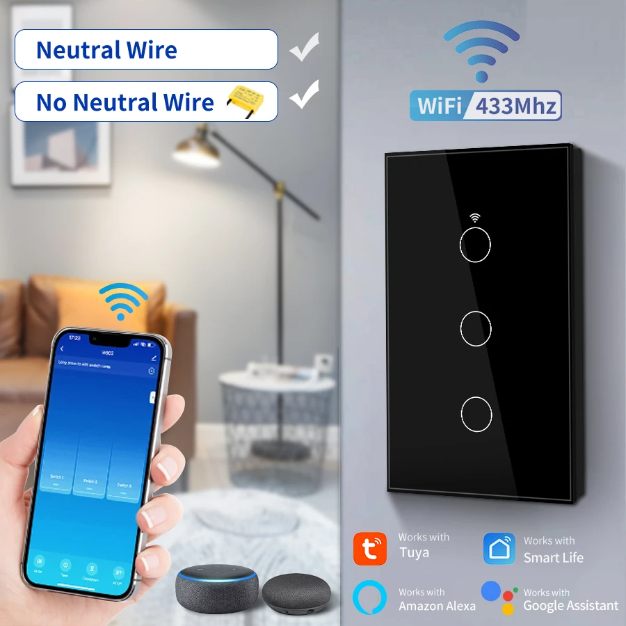 Touch Switch Tuya Smart WiFi Switch RF 433MHz US Standard Wall Panel Touch Switch APP Remote Alexa Google Home Voice Control
