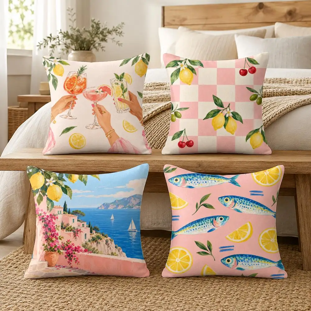 Mediterranean Cocktail Italian Summer Cushion Cover Soft Pillow Cases Hidden Zipper Cutecore Sofa Bedroom Home Decor Gift