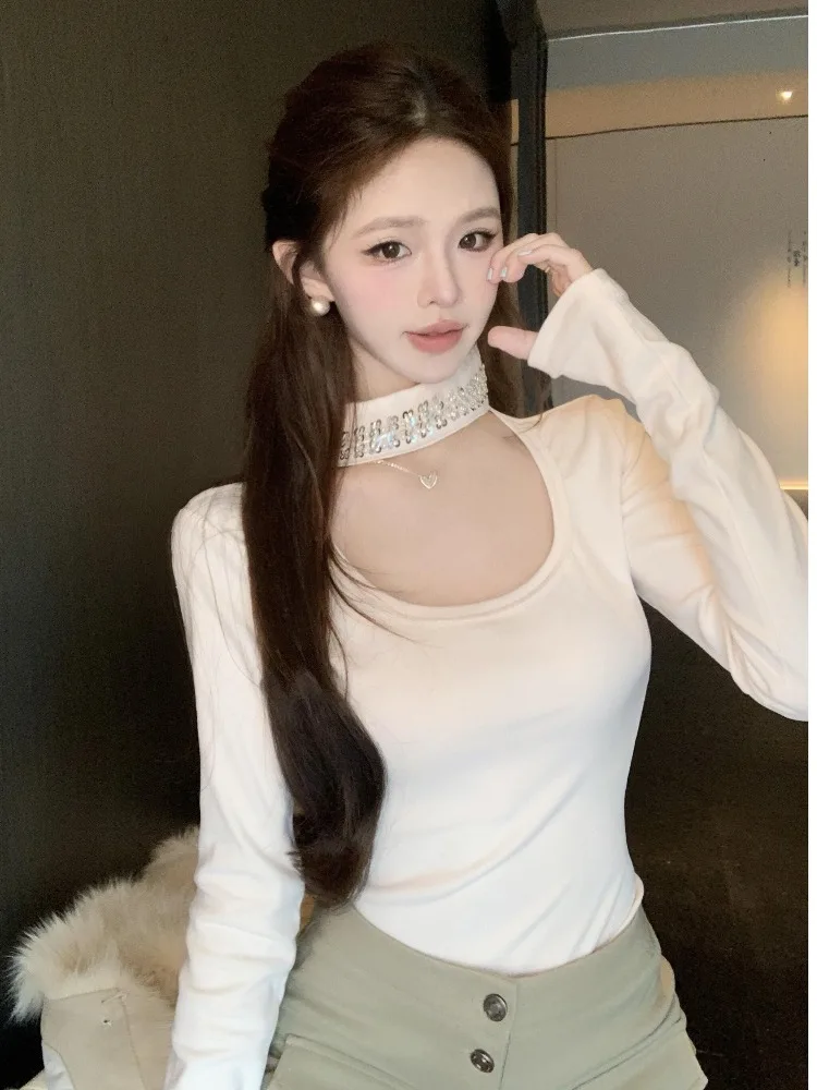 

Sweet Sexy Large U-Neck Hanging Neck Inner Wear T-Shirt Women's Autumn Winter New Gentle Lady Slimming Base Top