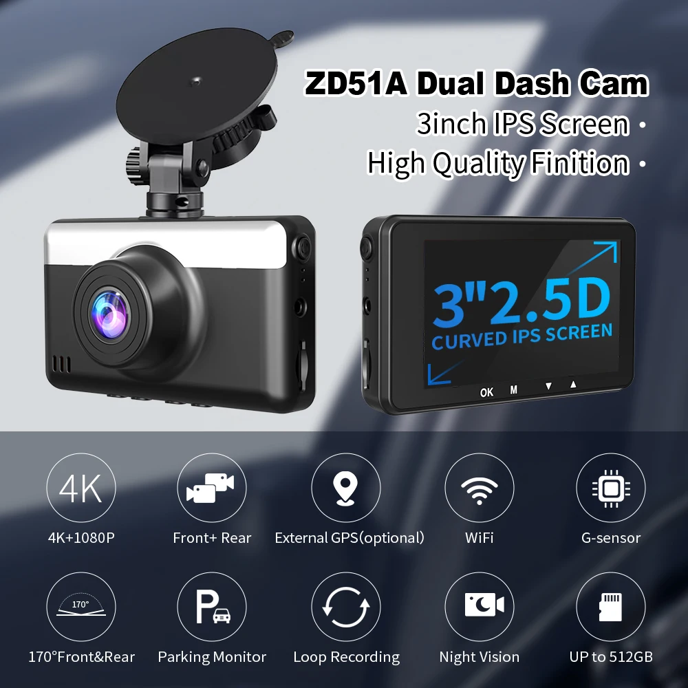 BEPOCAM Dash Cam 4K+1080P 3 Inch IPS Screen 170°FOV Built-in WiFi Car DVR Camare G-Sensor 24H Parking Monitor External GPS ZD51A