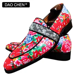 LUXURY BRAND MEN'S LOAFERS BIG FLOWER PRINT CASUAL MENS DRESS RED SHOES WEDDING PARTY JOYFUL BANQUET LEATHER SHOES MEN