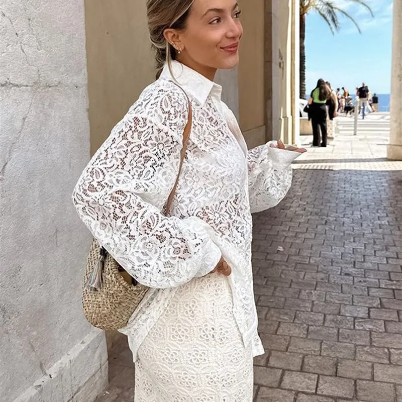 

Ele White Lace irt French Sle Loose Summer Women's Long Sve Commute Faion Pure Color Другой материал 00%