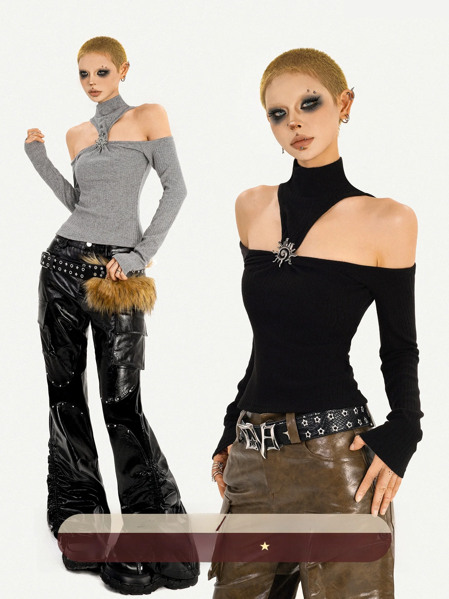 

Nico Molly Bla футболка с высоким воротником и скользящим воротником, женская сексуальная футболка с открытыми плечами, длинный уличный топ с высоким воротником