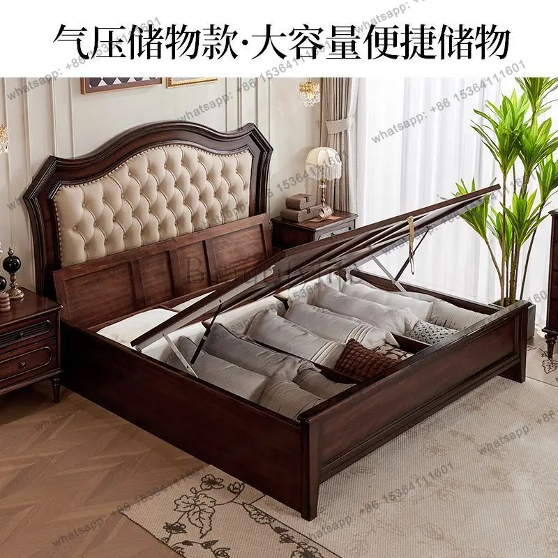 Amerikaans retro lederen massief houten eenvoudig slaapkamermeubilair hoofdslaapkamer groot bed antiek tweepersoonsbed