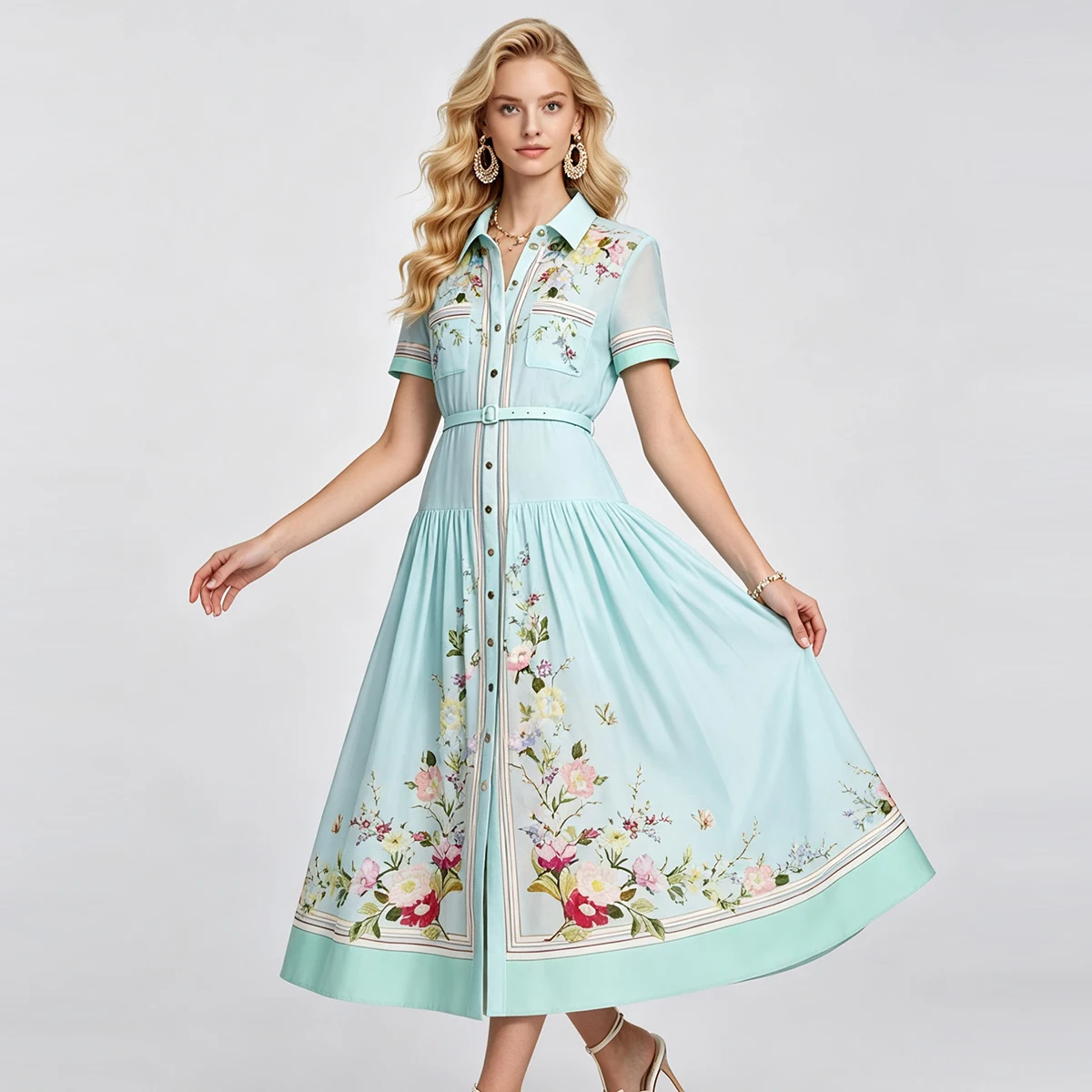 

Luxury Floral Print Maxi Shirt Dress Women Elegant Short Sleeve Belted A-Line Dress Vintage Button Up Office Party Long Robe