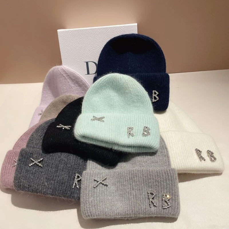 New Real Rabbit Fur Diamonds Letter Beanies Hats for Women Winter Warm Knitted Hat Famous Brand Lady Casual Bonnet Skiing Cap