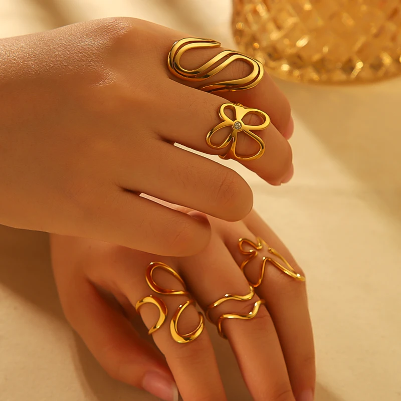 Moda minimalistyczna 18k pozłacane geometryczne linie pierścionki nie niszcząca stal nierdzewna nieregularne drążone pierścienie otwierające biżuteria