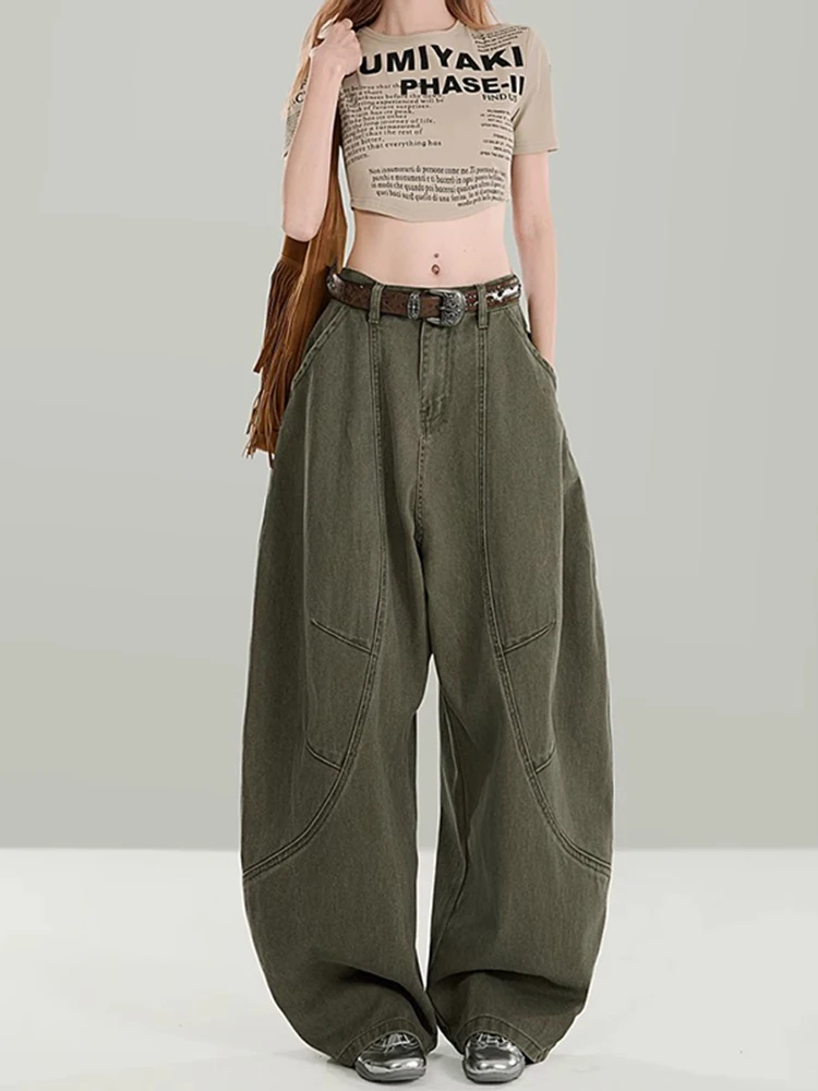 بنطلون جينز نسائي واسع الساق بتصميم عسكري أمريكي عتيق باللون الأخضر، تصميم صيفي فضفاض بخصر مرتفع وساق طويلة #2
