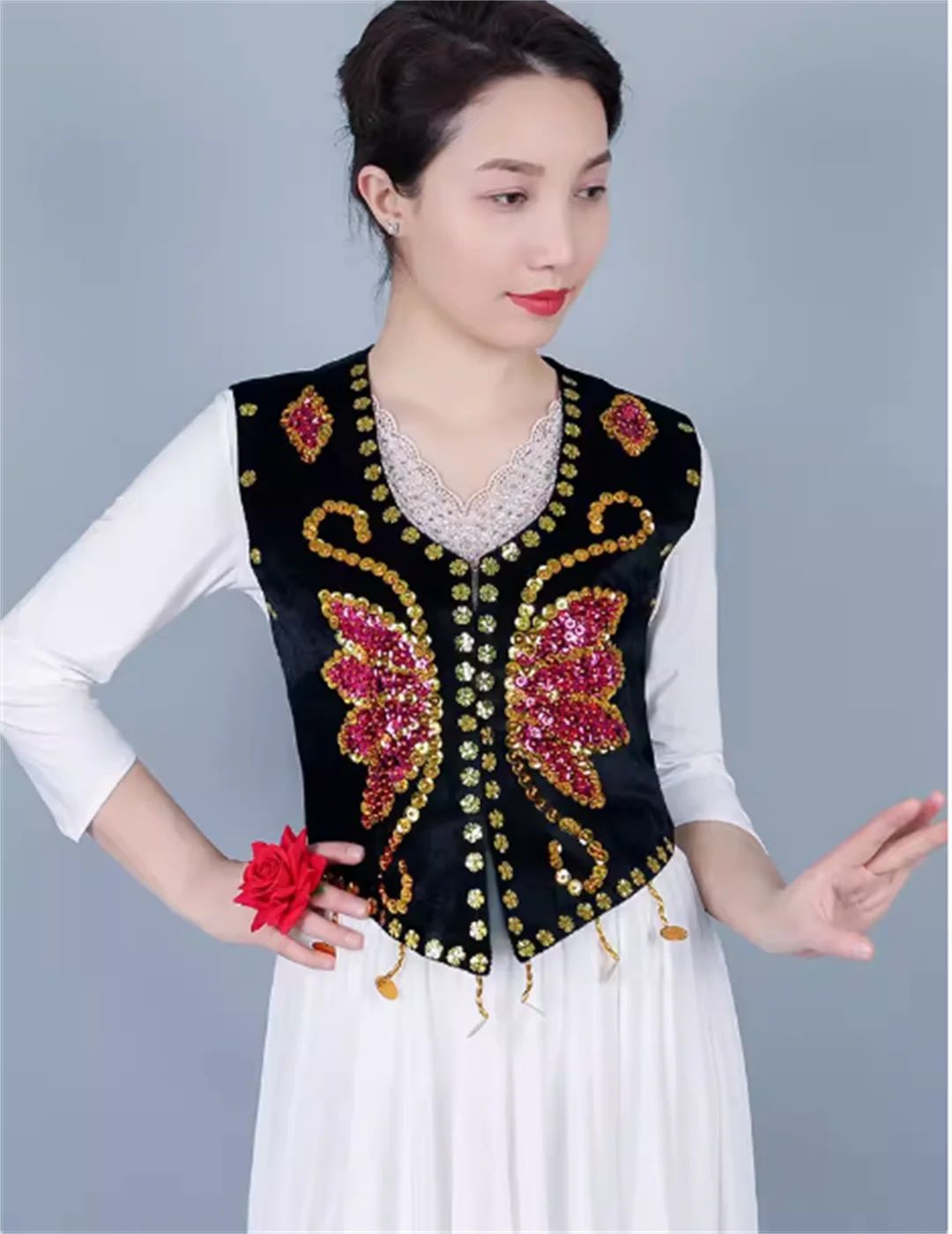 Xinjiang Dance Dress Vrouwelijk Volwassen Vest Etnische Stijl Glitter