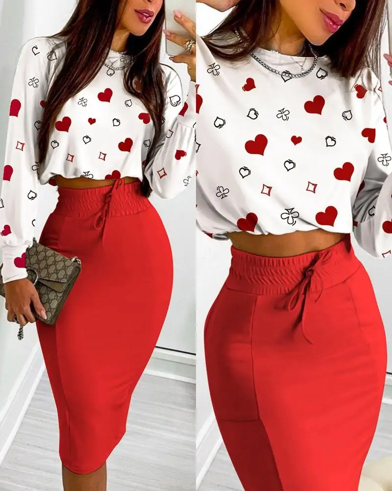 Women Printed Skirt and Long Skirt Set Summer Short Skirt Long Sleeve Women Top Printed Casual Set Sweet and Elegant Set