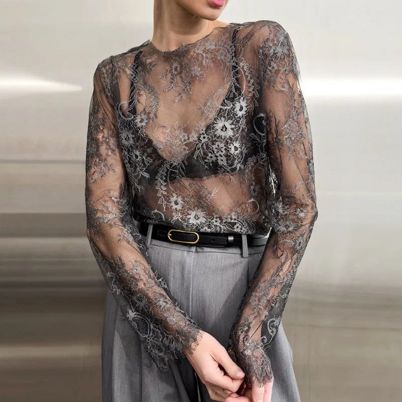 

Tuularose Women's Lace Top Fashion Sexy See-Through Cutout Solid Pullover Summer New Party Vacation Casual Streetwear Female Top