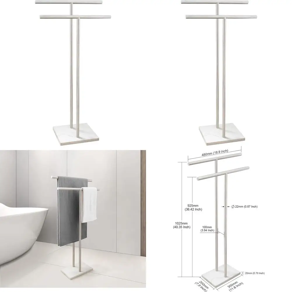 

Double-T Shape 40 Tall Stainless Steel Towel Rack with 2 Tiers and Marble Base for Bathroom Near Tub or Shower
