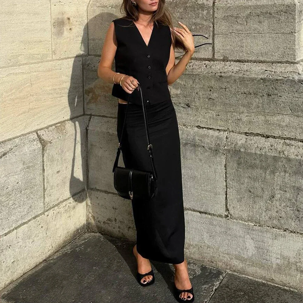 

2024 Casual Black Cotton Hemp Sets Womens 2 Piece Casual V-Neck Sleeveless Tank Tops And Simple Straight Skirts Set Streetwear