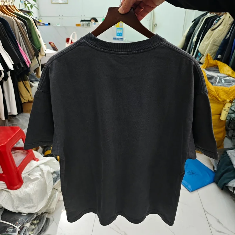 Vintage Washed T-Shirt Men Dark Grey Heavyweight Cotton Rhinestone Plaid Patch Letter Oversized Tee