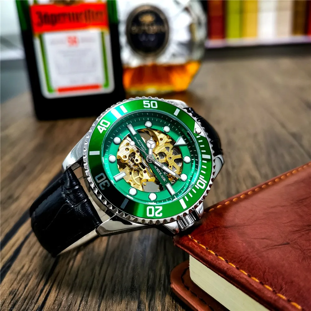 

AOKULASIC Automatic Skeleton Mechanical Watch Men Waterproof Luminous Back Case Student Wristwatch