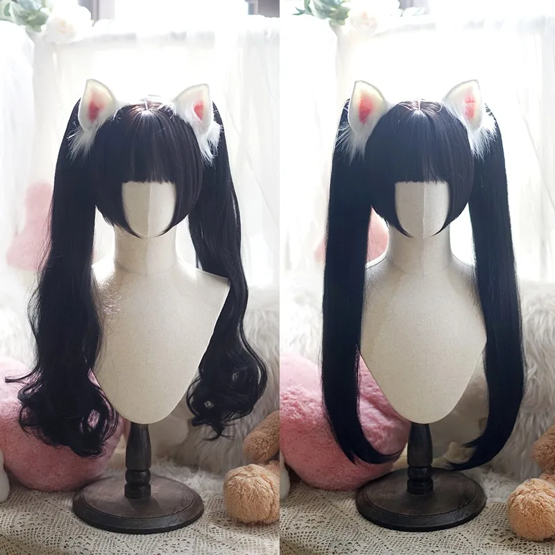 أسود أبيض التدرج الذهبي أنيقة ريترو بوب شعر مستعار مستقيم/مجعد مزدوج ذيل حصان لوليتا النمر الفم كليب شعر مستعار