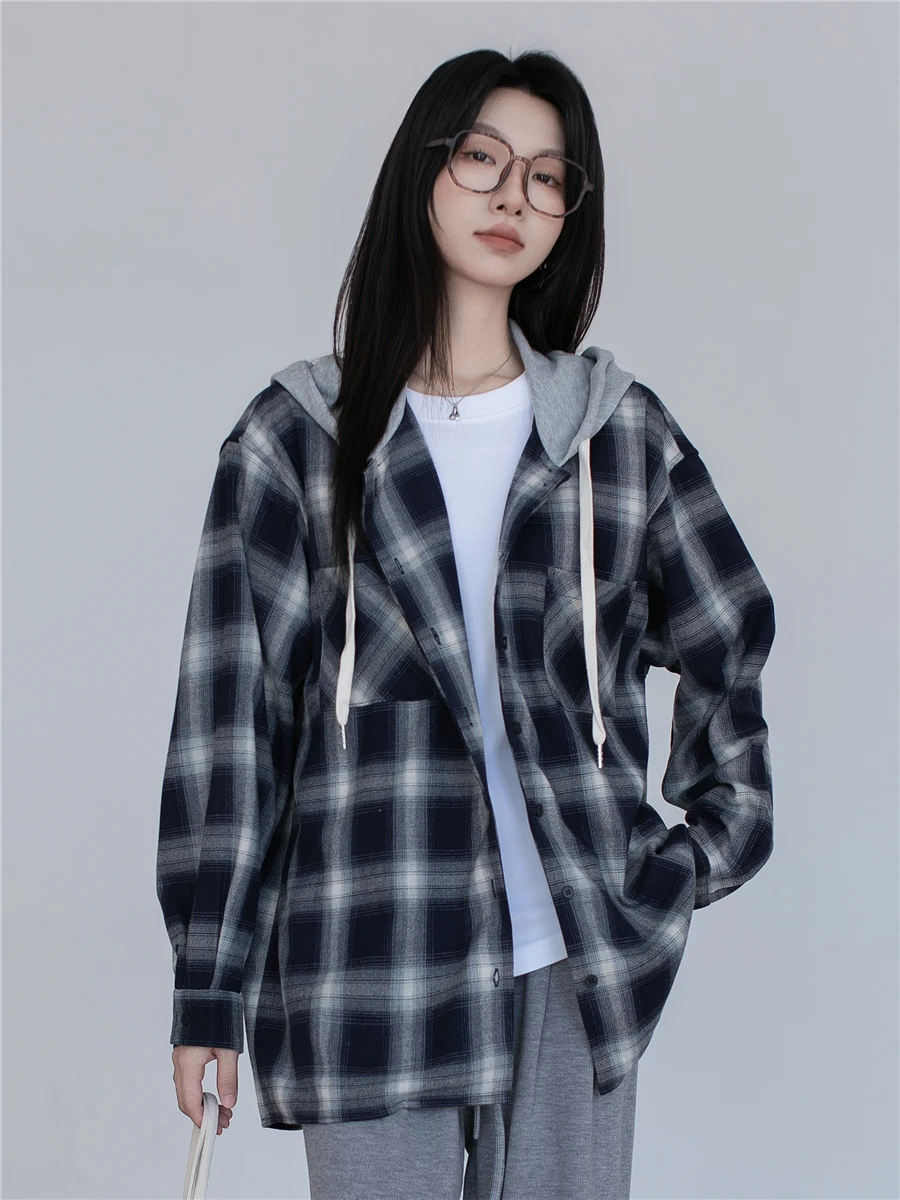 

Ретро-рубашка-куртка женская с капюшоном в клетку, с длинным рукавом, весна 2026, свободного кроя, для многослойных образов, в стиле lazy style, устойчивая к сминанию