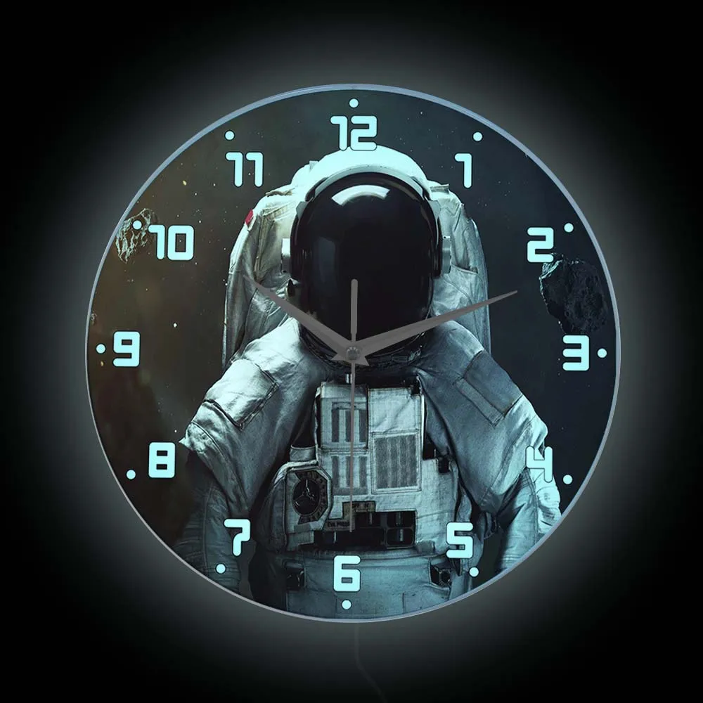 

Astronaut on Moon LED Illuminated Wall Clock For Kids Room Science Fiction Art Universe Planet Spaceman Wall Clock Glow in Dark