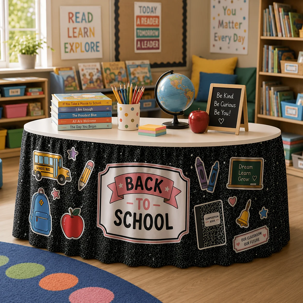 Table Skirt, 1 Piece, Polyester Table Skirt, Back to School Season, Black Sparkle, School Supplies Printed Decoration