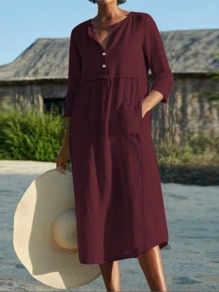 

Women's 2024 Spring Summer New Round Neck Fashion Button Pocket Cotton Hemp Mid Sleeve Solid Color Casual Five-in-a-Sleeve Dress