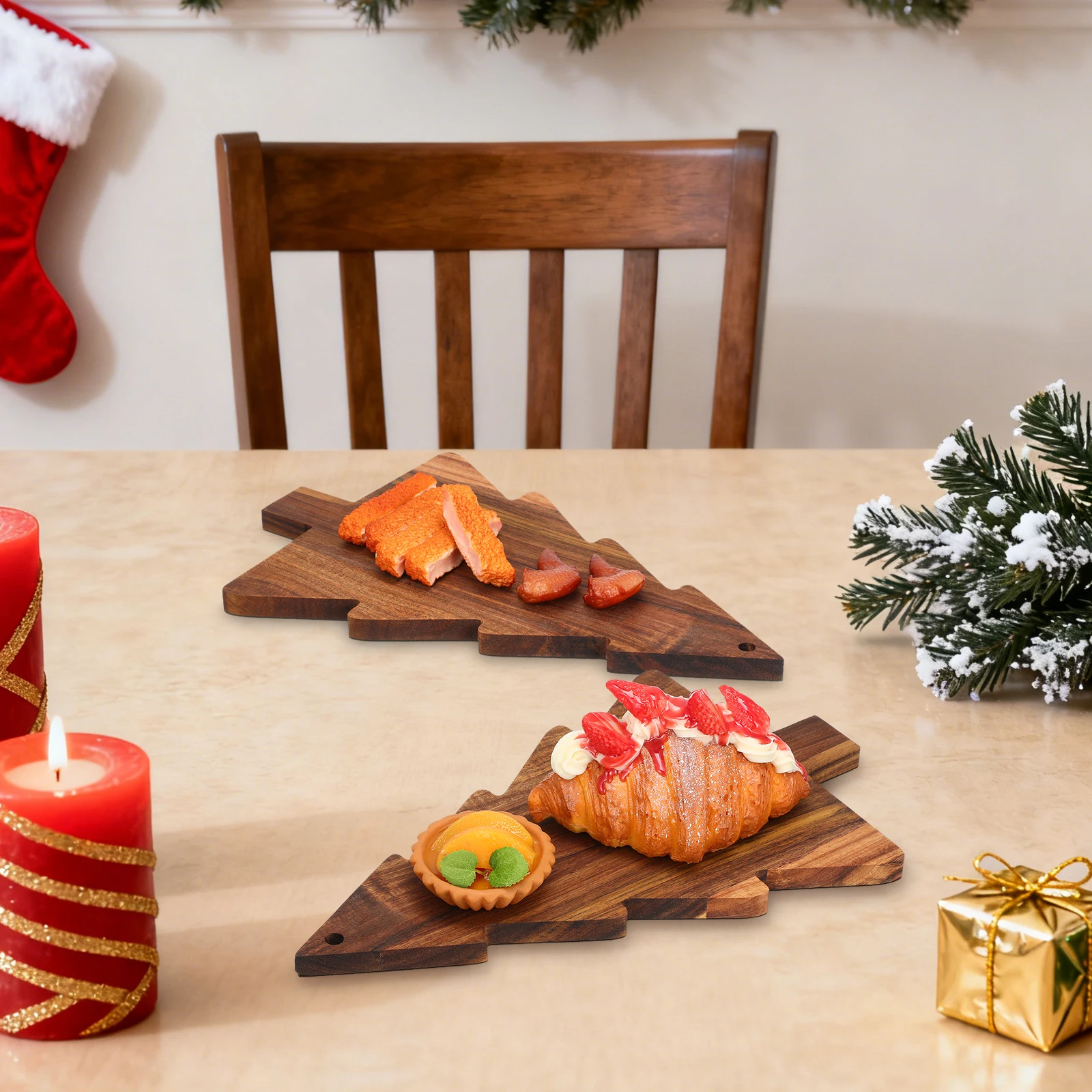 

Wooden Christmas Tree Shaped Cutting Board Multi-Functional Serving Tray for Bread Cheese Charcuterie Snacks Ideal for Parties