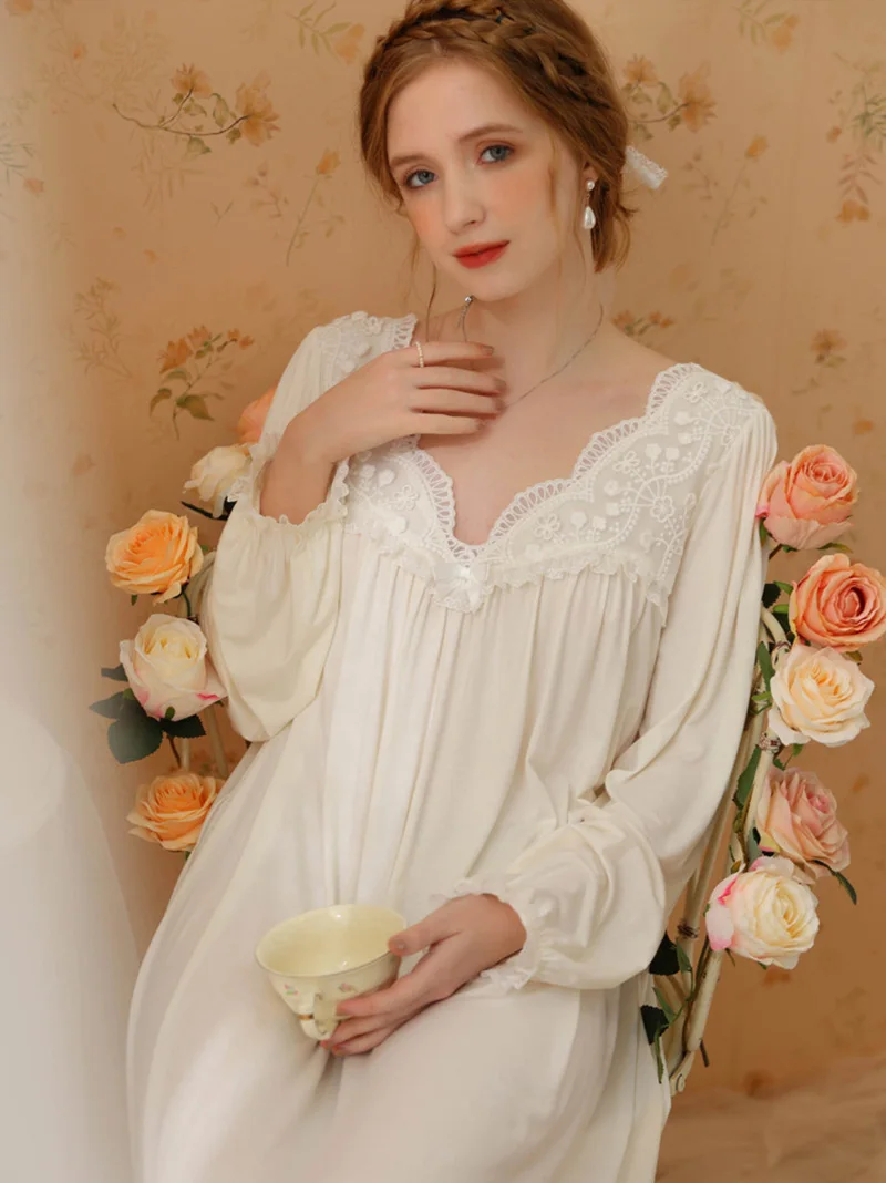 Frauen Prinzessin Nachthemd Frühling Langarm Modal Baumwolle Gericht Retro Prinzessin Nachtwäsche Sexy Fee Kleid Süße Nachthemden