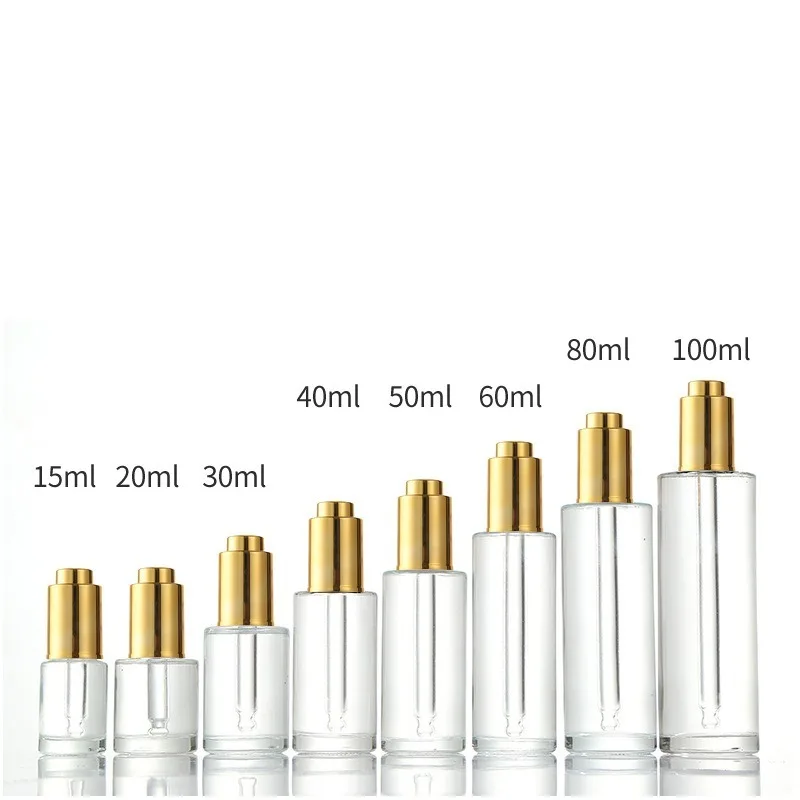 

192pcs 50ml 20ml 30ml 60ml 100ml 80ml 40ml 120ml flat shoulder clear frosted glass dropper bottle with silver gold aluminum cap