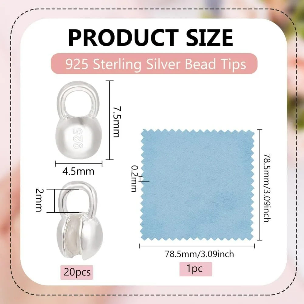 20Pcs 925 Sterling Silver Crimp Cover Beads 7.5x4.5mm Round Bead Tips Calotte Ends Clamshell Knot Cover for Jewelry making kit