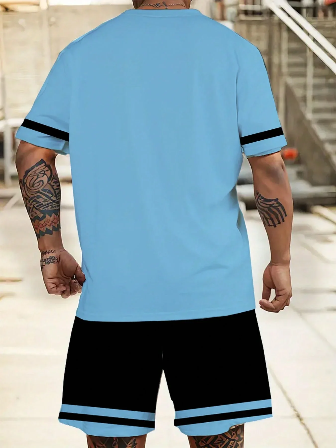 

Men's Los Angeles Letter Graphic Color Block Tracksuit Set Polyester Knit Short Sleeve