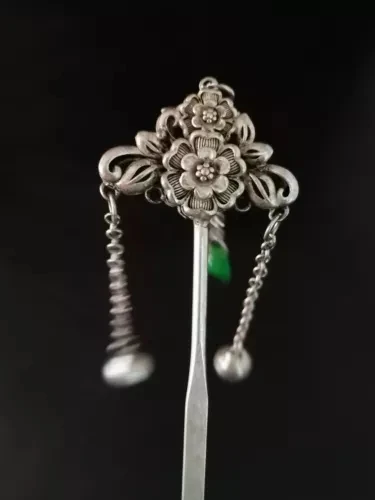 Classical Chinese style collection silver hairpin flower carving fringe jade hairpin