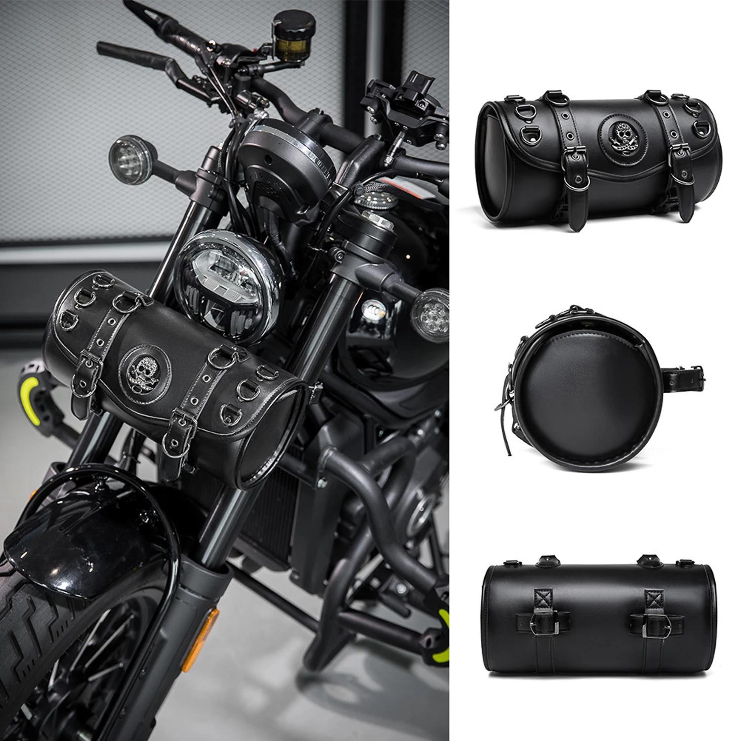 Motorcycle Saddlebag Leather Too PouchesStorage Suitable for Front Fork&Handlebar, RoadTrip Essential, Daily Commute