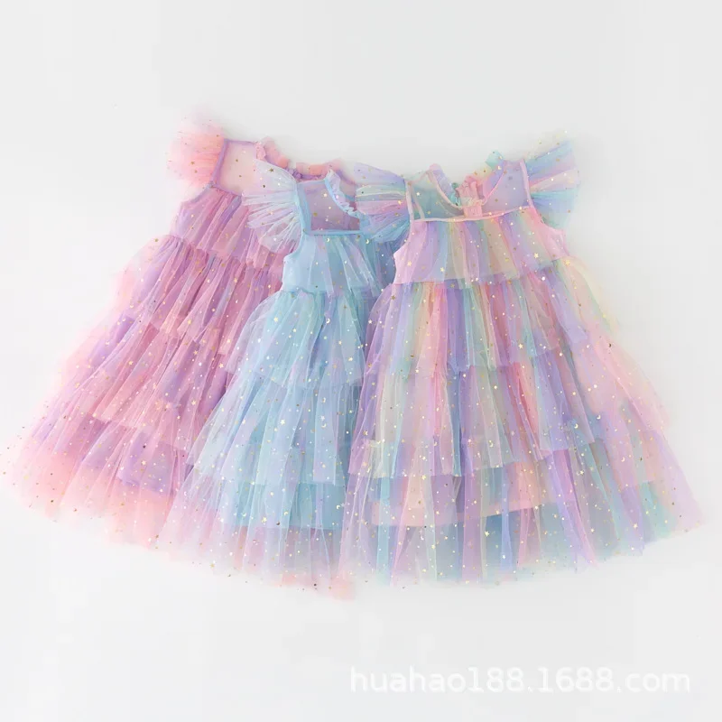 Rindu Children\'s dress, girls\' dress, fairy dress, rainbow stars, sequins, cake, mesh, children\'s fluffy dress, princess dress