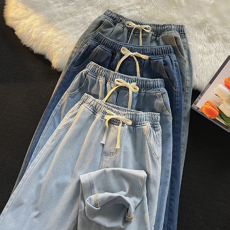 

Модные повседневные свободные джинсы прямого кроя для мужчин, весенне-осенние, износостойкие, прочные, универсальные, с поясом, из денима