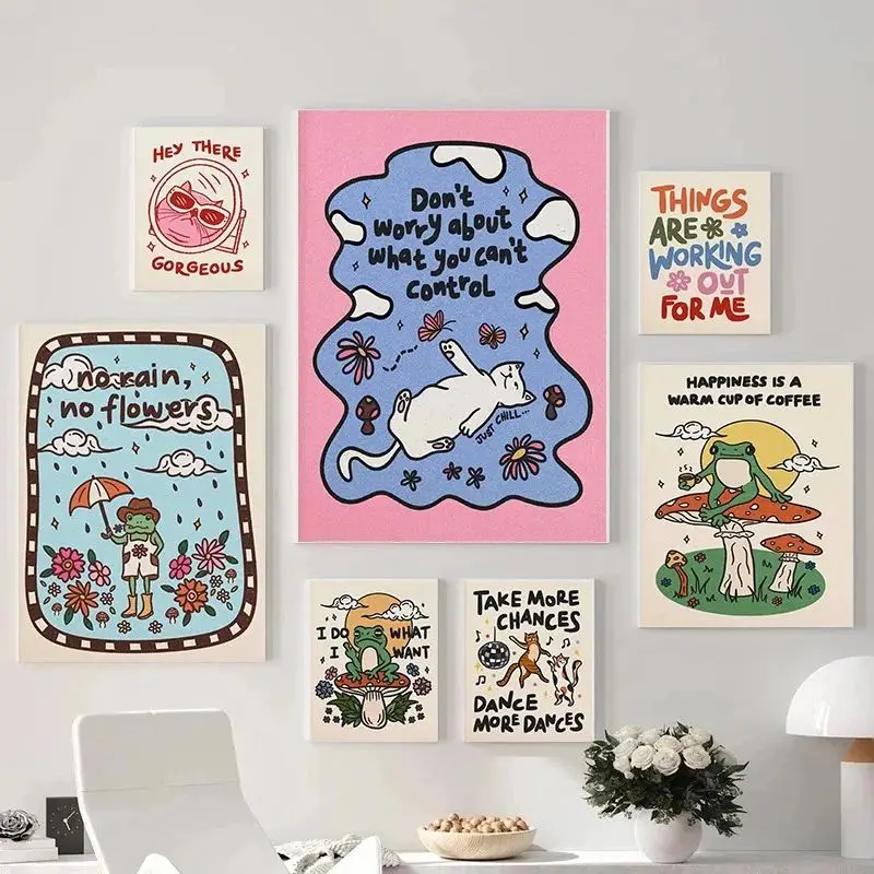 Affiche colorée rétro avec citations positives, décor dopamine Kawaii, grenouille, chat, chien, peinture sur toile, image artistique murale, accessoire pour la maison