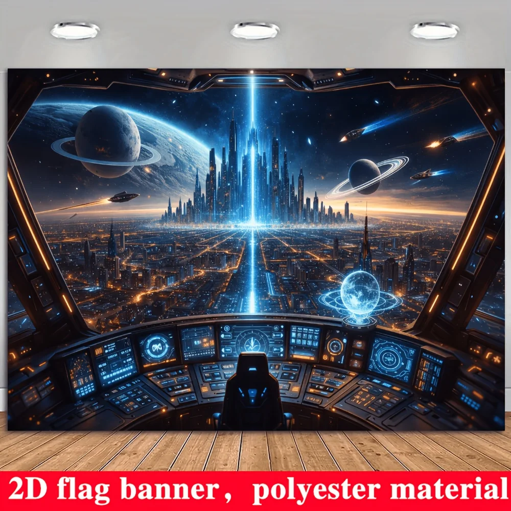 Futuristic Spaceship Cockpit Sci Fi City 2D Flat Tapestry Backdrop For Gamer Room Decor Space Universe Wall Hanging Art Print