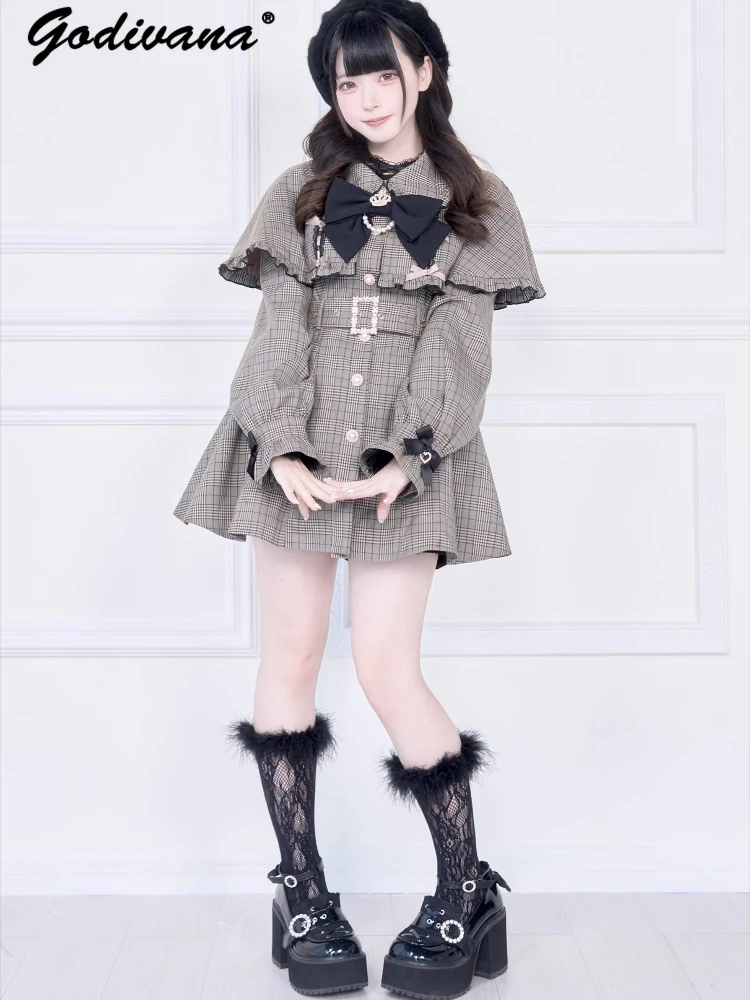 

New Autumn Japanese Mine Mass-Production Cloak Jacket Coat Sweet Girl's Subculture Pearl Chain Bow Plaid Trench Lolita Outwear