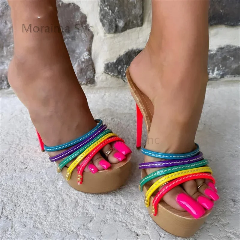 Rainbow Color Platform Slippers for Women High Heels Round Toe Stiletto Mules Wood Grain Stickers Sewing Sexy Summer Shoes