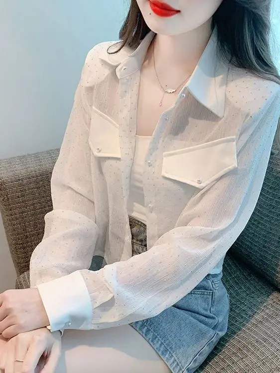 Summer New Fashion Thin Chiffon Shirt Women's Loose Semi-Transparent Short Design Sense Heat Sensation UV Protection  Collar